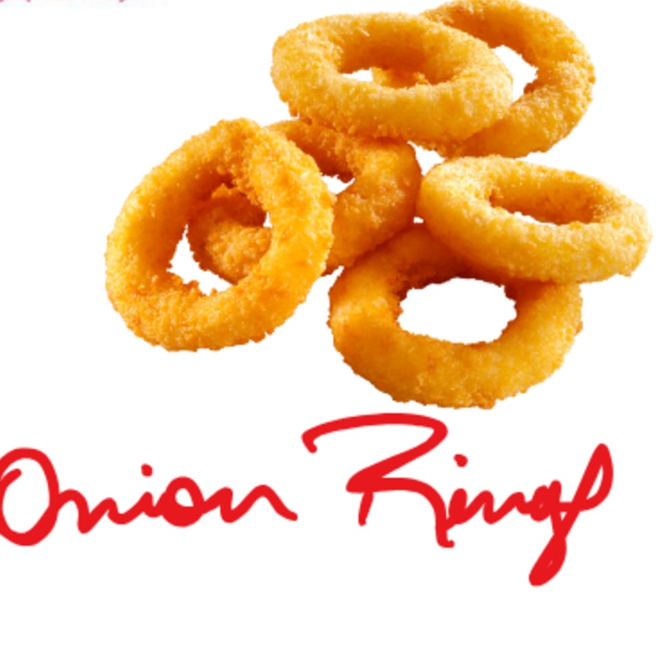A pile of golden-brown, crispy onion rings on a white background with "Onion Rings" in red script.