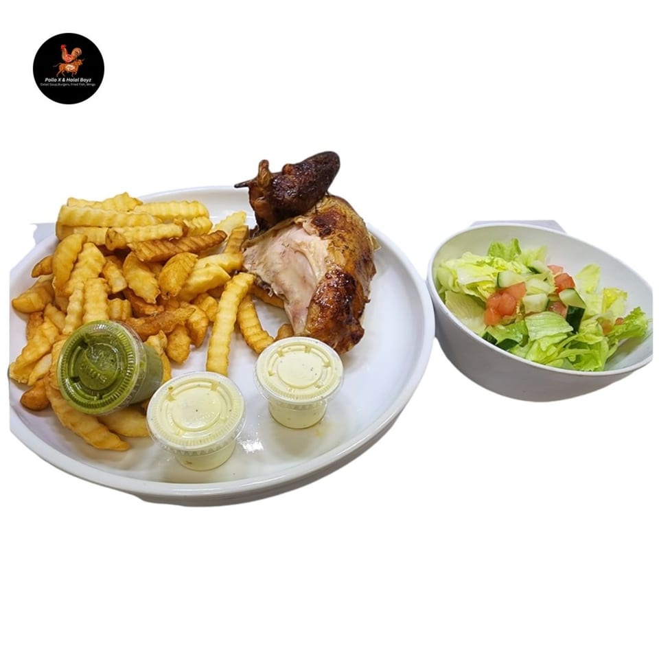 Halal Boyz's grilled chicken with crinkle-cut fries, three sauces, and a side salad.