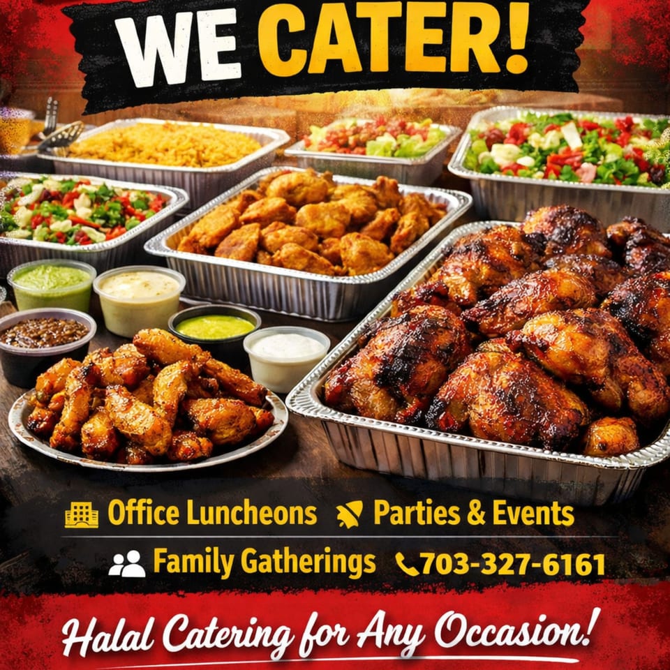 Halal catering spread with grilled chicken, wings, rice, salads, and dipping sauces in foil trays.
