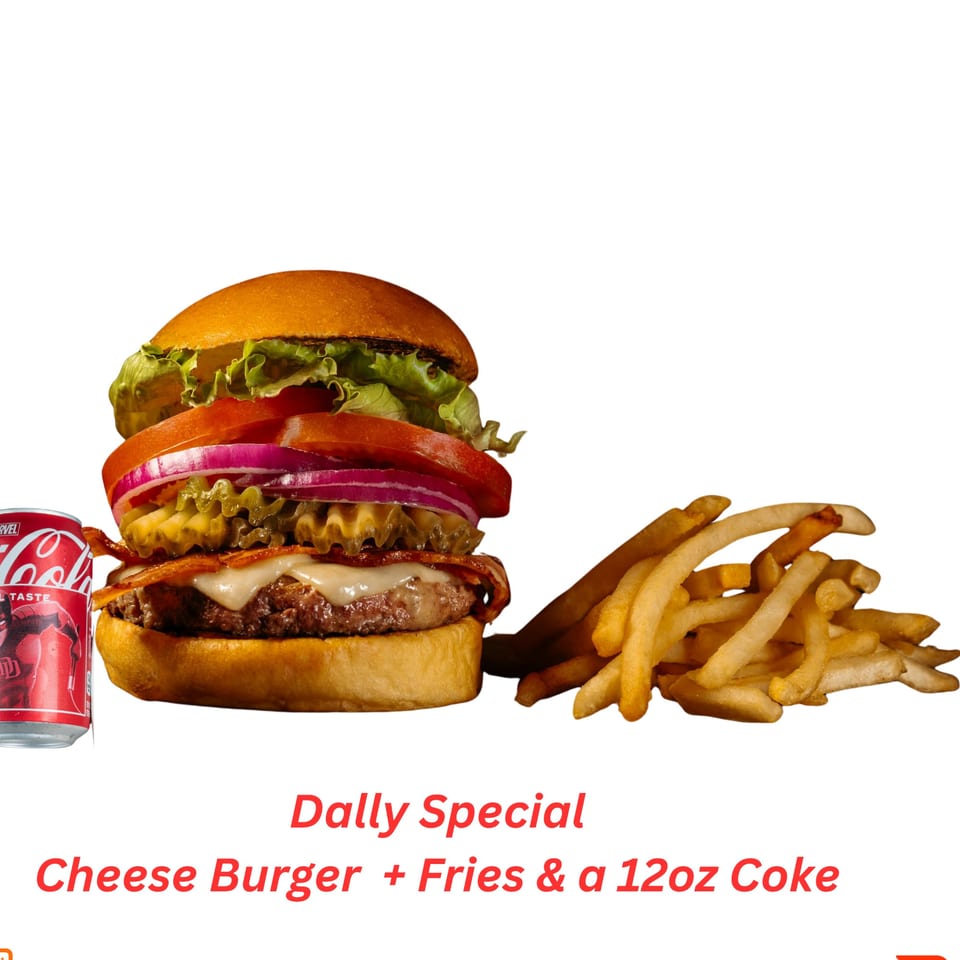 Halal Boyz Dally Special: a cheeseburger with fries and a 12oz Coke.