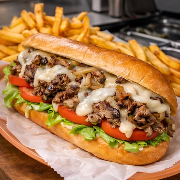 Halal cheesesteak with melted cheese, steak, onions, lettuce, and tomatoes, served with fries.