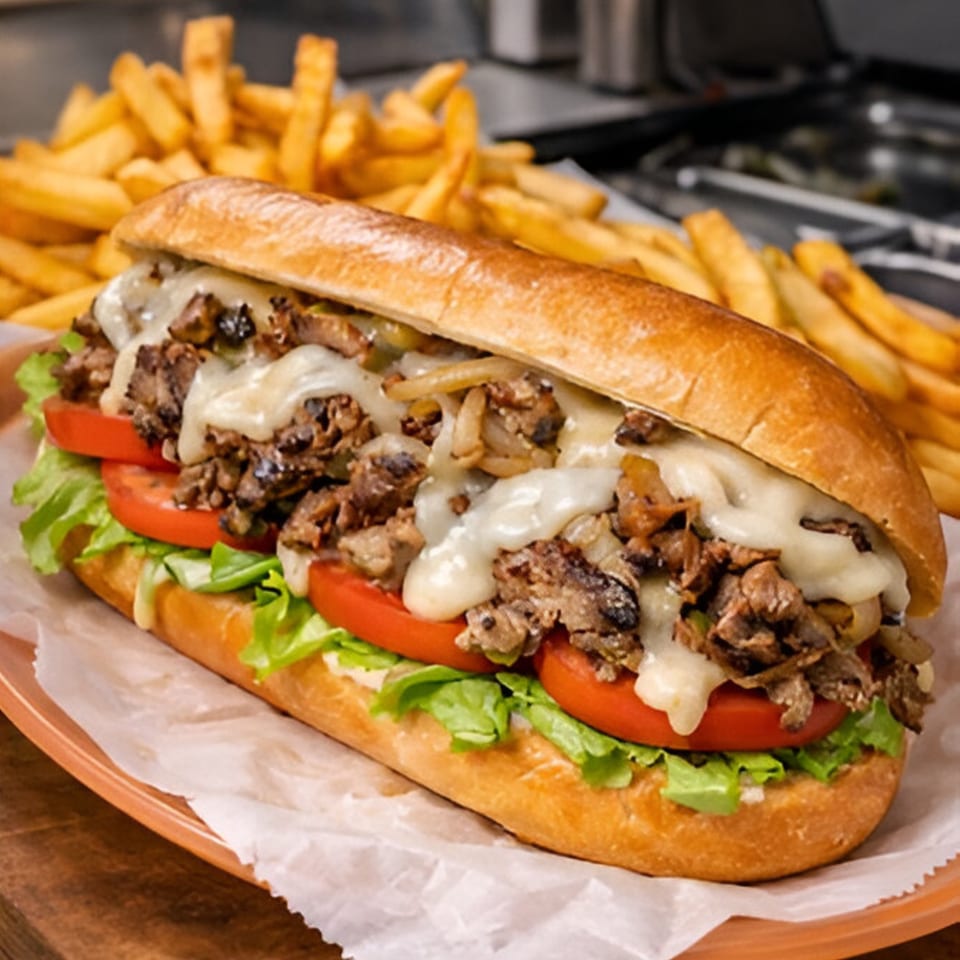 Halal cheesesteak with melted cheese, steak, onions, lettuce, and tomatoes, served with fries.