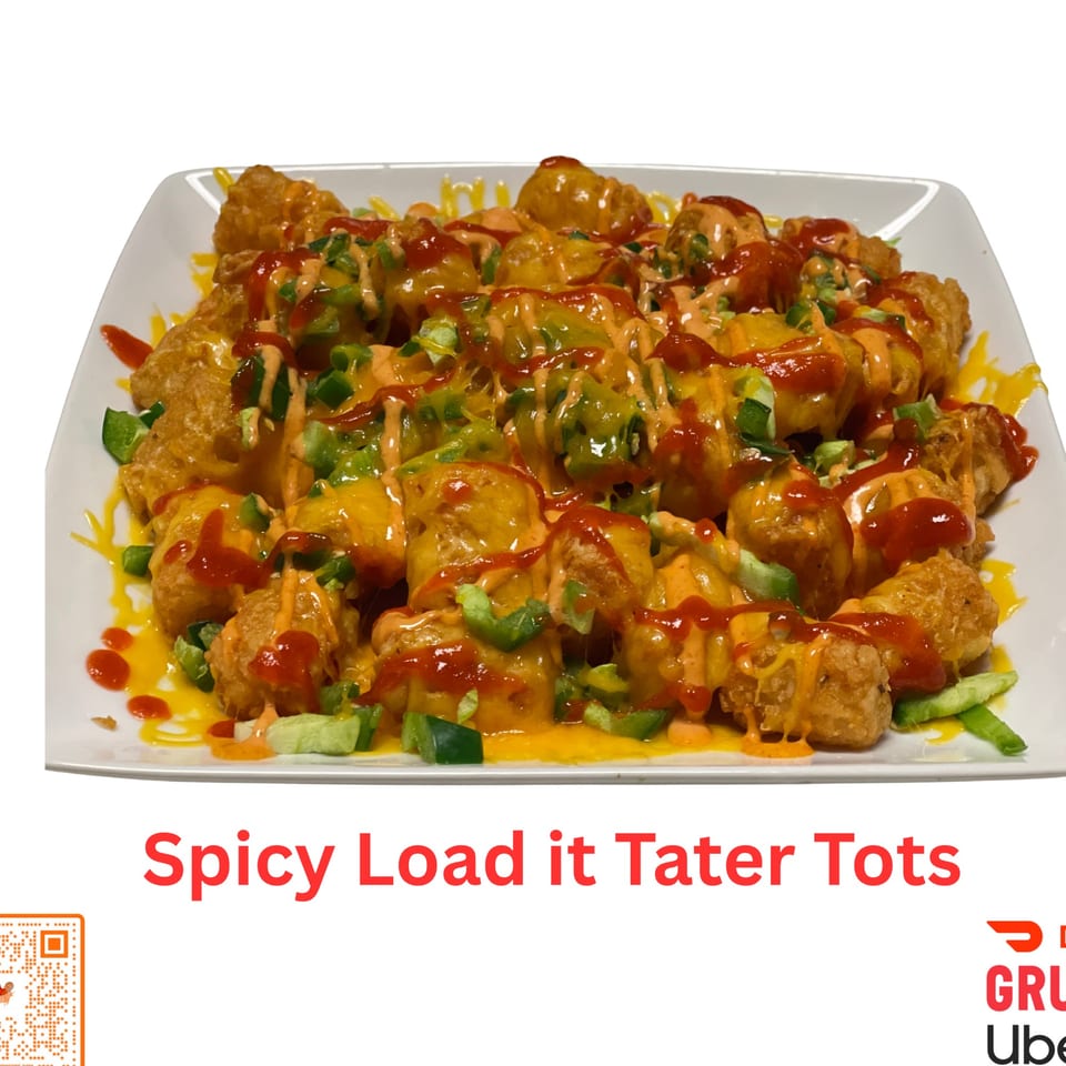 A plate of Pollo X & Halal Boyz spicy loaded tater tots with cheese, sauce, and green peppers.