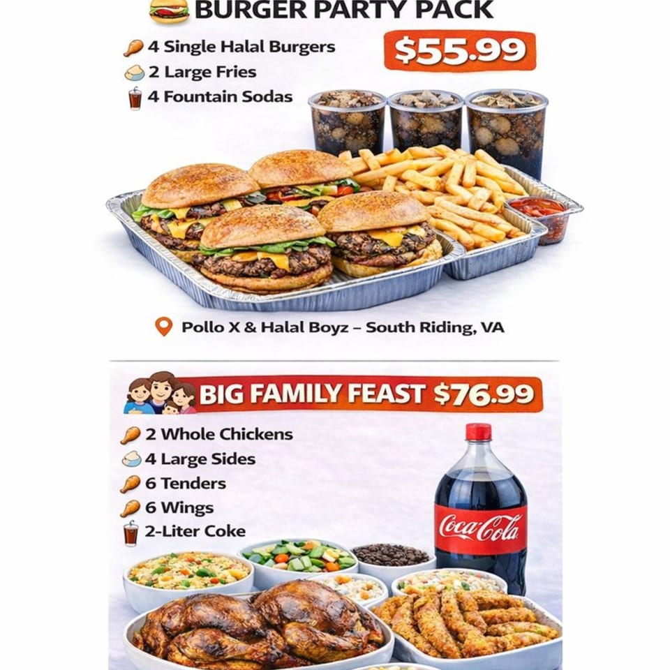 A Pollo X & Halal Boyz burger party pack with four halal burgers, fries, and sodas.