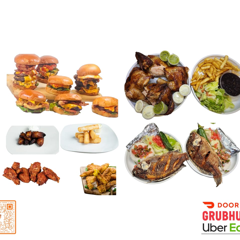 A collage of Pollo X & Halal Boyz dishes, including burgers, chicken, fish, fries, and plantains.