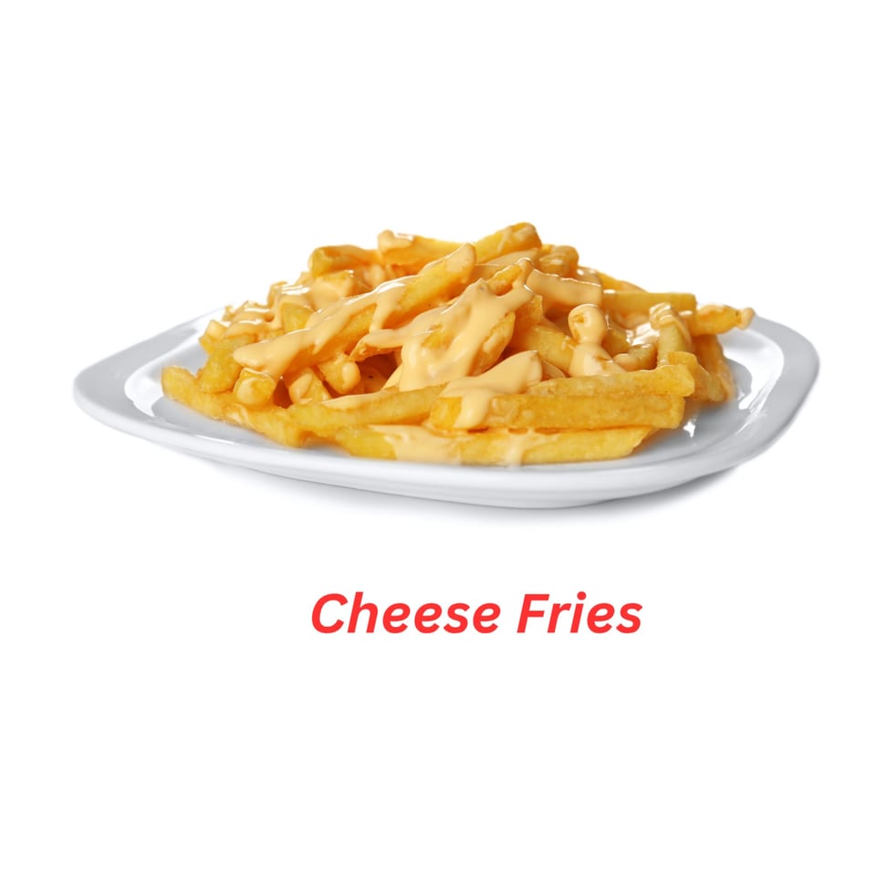 A white plate piled high with golden french fries, generously drizzled with melted cheese sauce.
