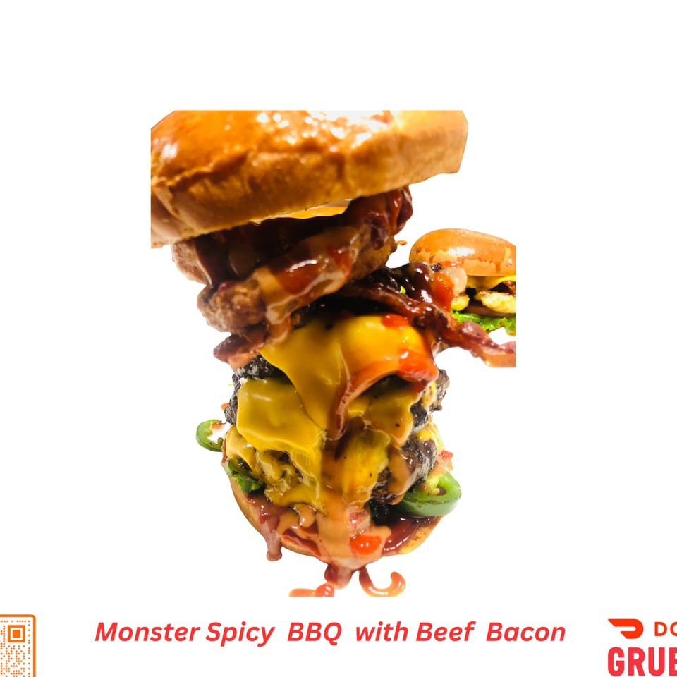 A towering halal Monster Spicy BBQ burger with multiple beef patties, melted cheese, and bacon.