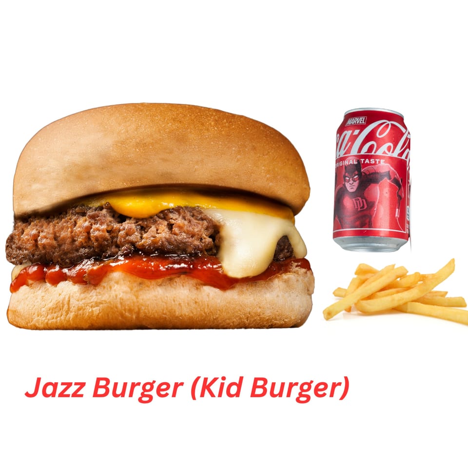 A Jazz Burger with melted cheese and ketchup, served with golden fries and a Marvel Coca-Cola can.