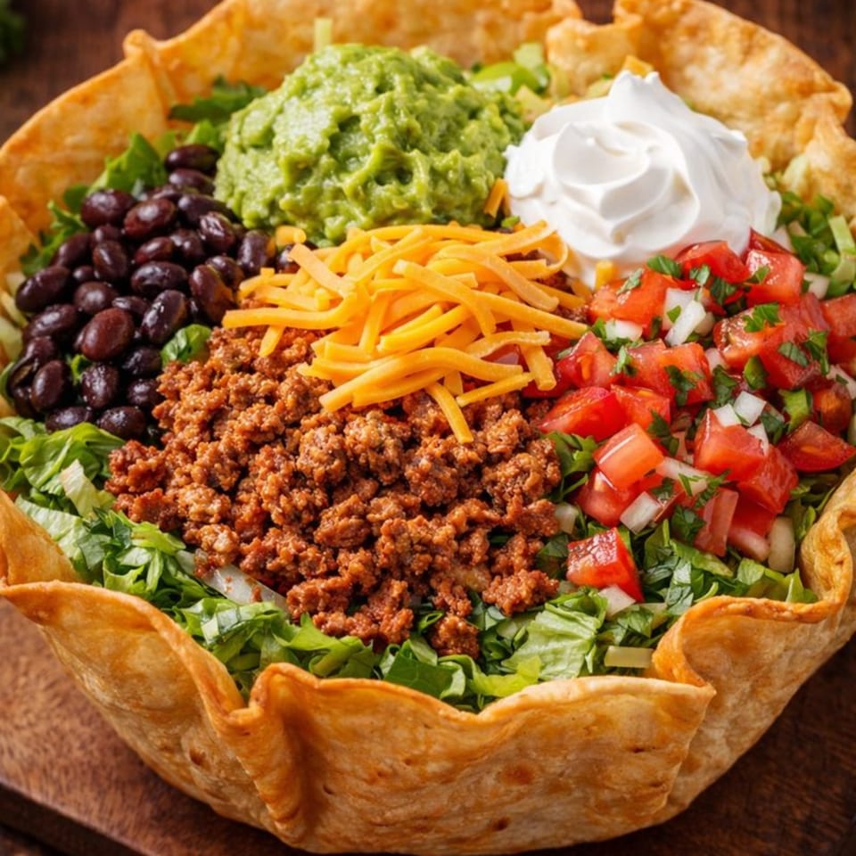 Halal taco salad in a crispy tortilla bowl with ground meat, beans, cheese, guacamole, and sour cream.