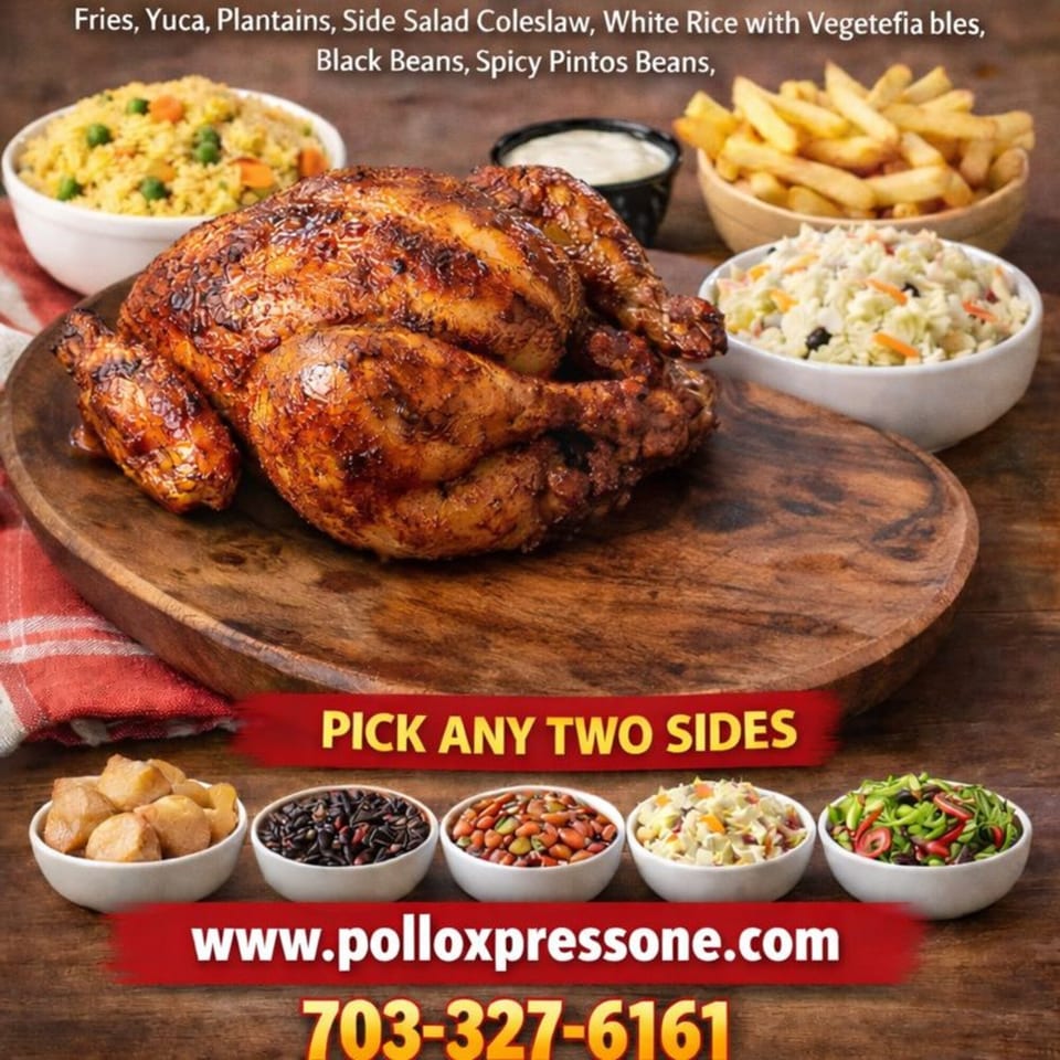 A whole roasted chicken on a wooden board surrounded by bowls of various halal side dishes.