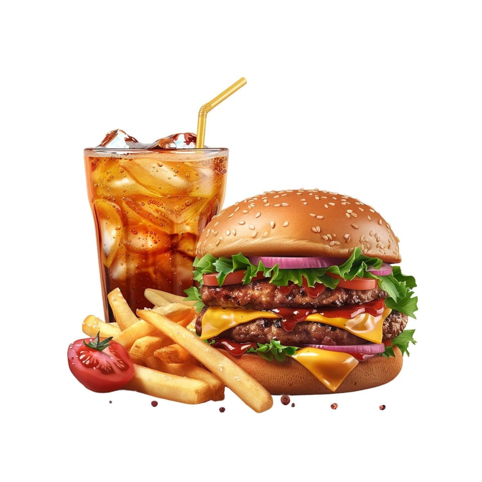 Double cheeseburger with lettuce, tomato, onion, fries, and a soda with ice and straw.