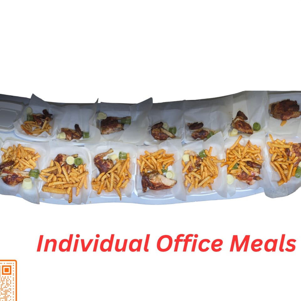 Multiple individual takeout containers with grilled chicken, crinkle-cut fries, and sauces from Pollo X & Halal Boyz.
