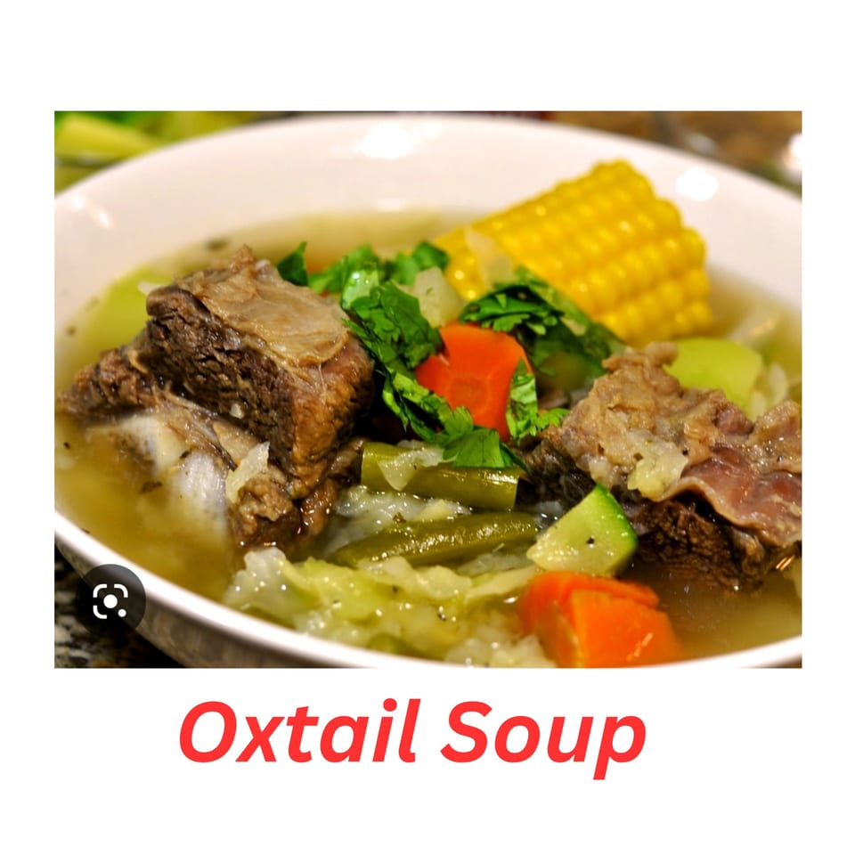 A bowl of Pollo X & Halal Boyz oxtail soup with corn, carrots, and green vegetables.
