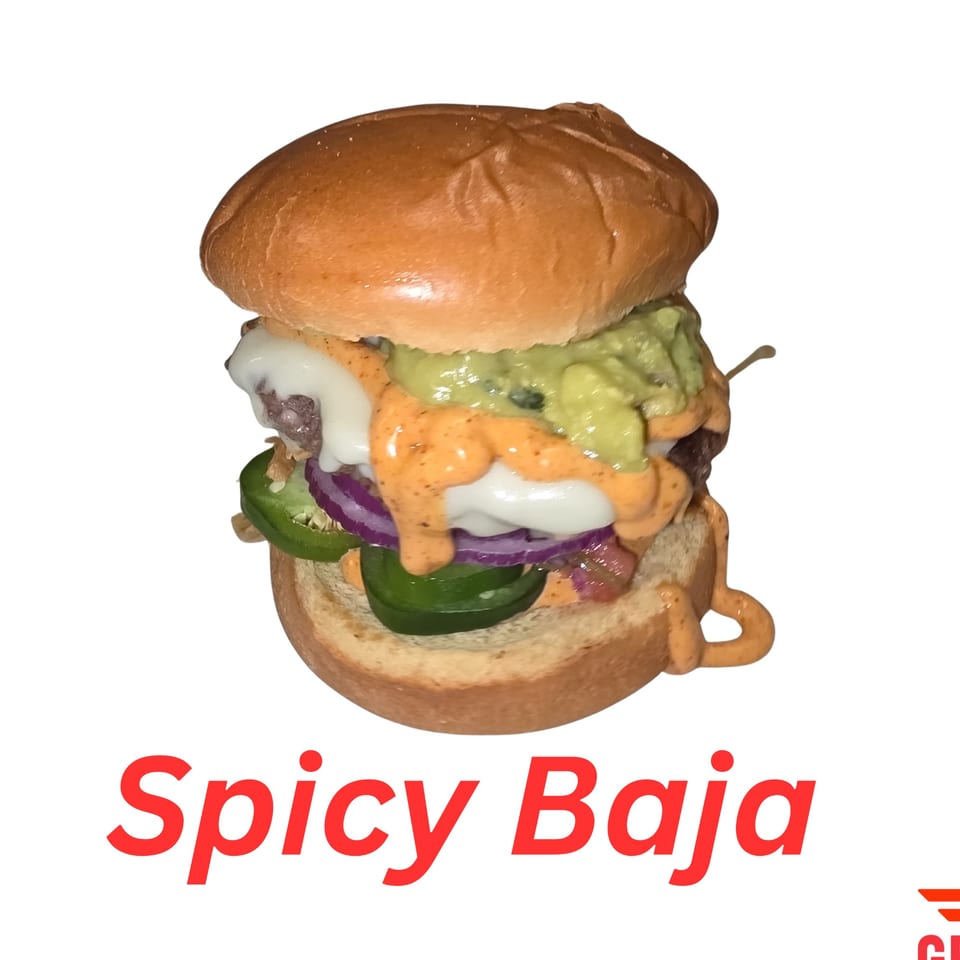 A Spicy Baja halal burger with guacamole, cheese, red onions, jalapeños, and special sauce.