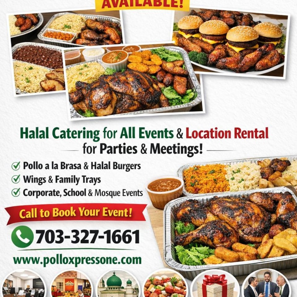 Assortment of halal catering trays with grilled chicken, rice, beans, burgers, and wings.