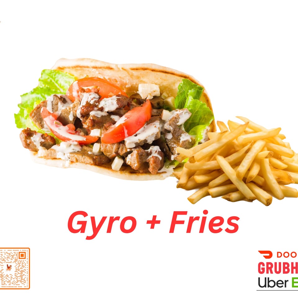 Halal Boyz gyro with meat, lettuce, tomatoes, and white sauce, served with a side of fries.