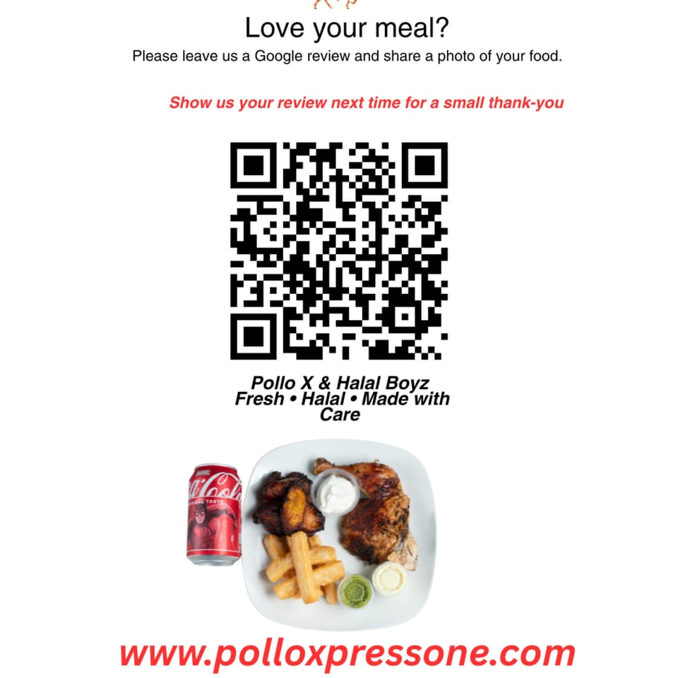Pollo X & Halal Boyz meal with chicken, fries, sauces, and a Coca-Cola can, with a QR code for reviews.
