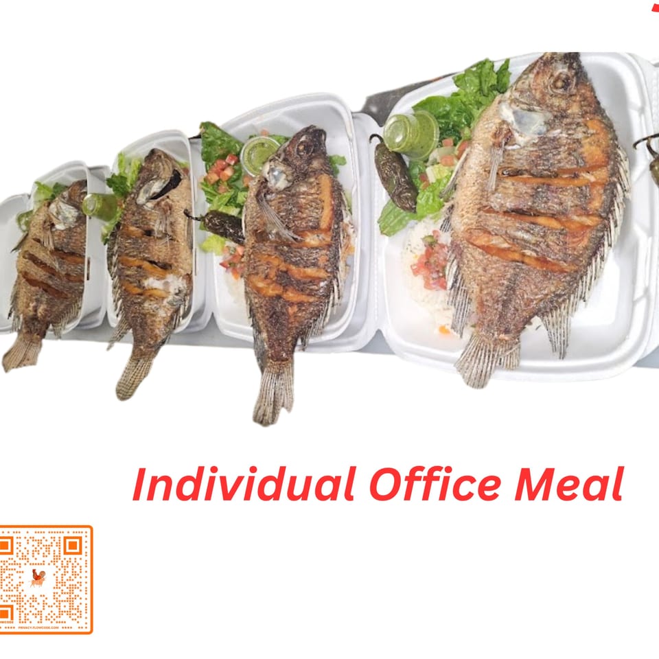 Four takeout containers with whole fried fish, rice, salad, and green sauce, for Pollo X & Halal Boyz.