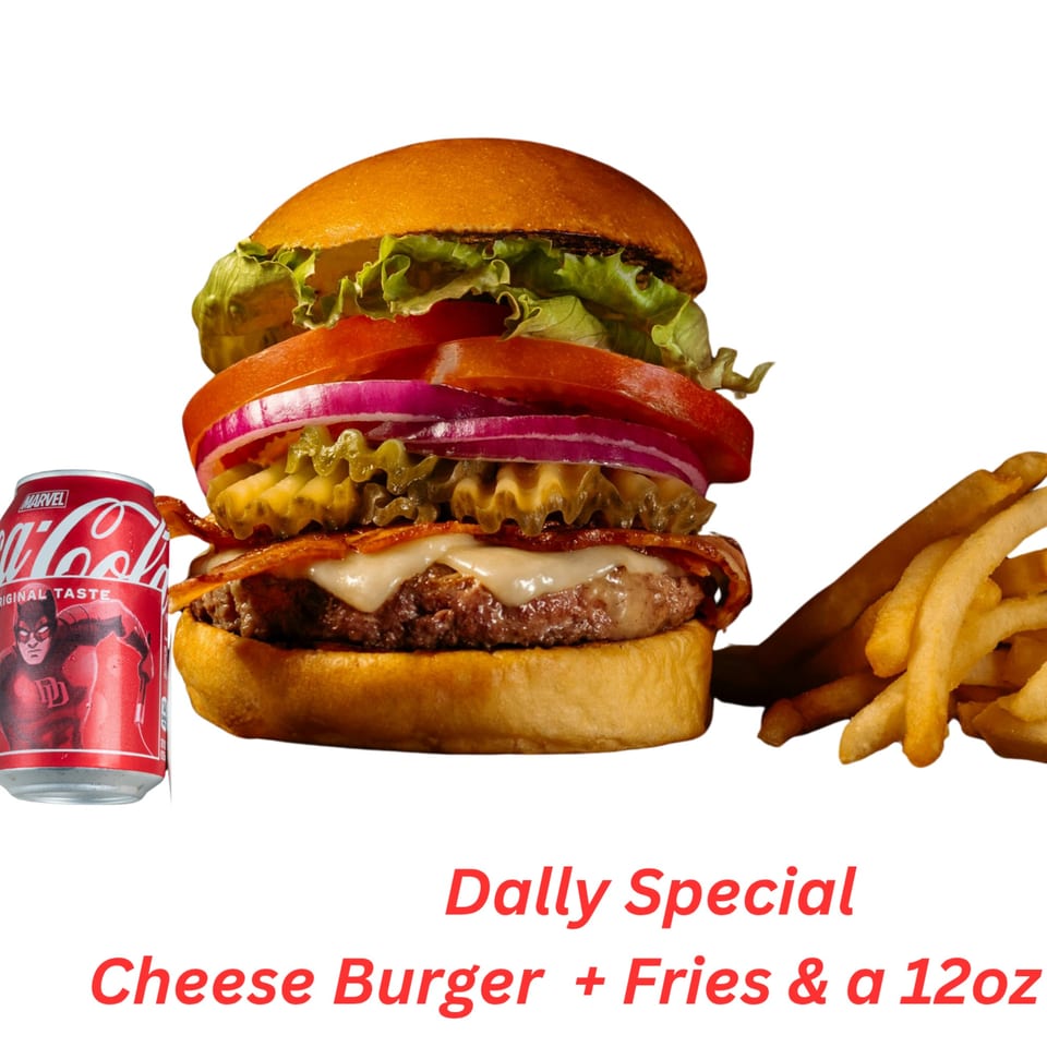 A halal cheeseburger with bacon, lettuce, tomato, onion, and pickles, served with fries and a Coca-Cola can.