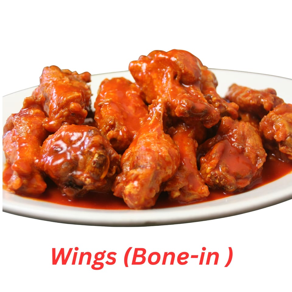 A plate of bone-in chicken wings coated in a vibrant red sauce, from Pollo X & Halal Boyz.