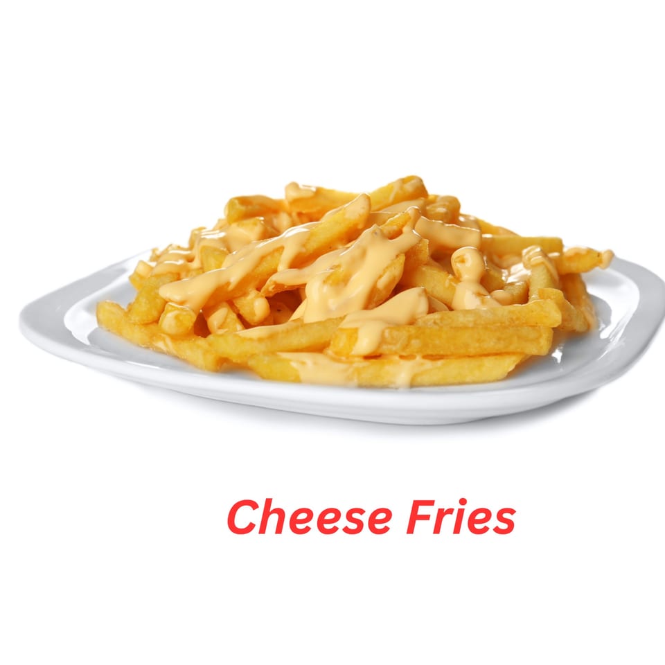 Golden cheese fries, generously drizzled with creamy yellow cheese sauce, on a white plate.