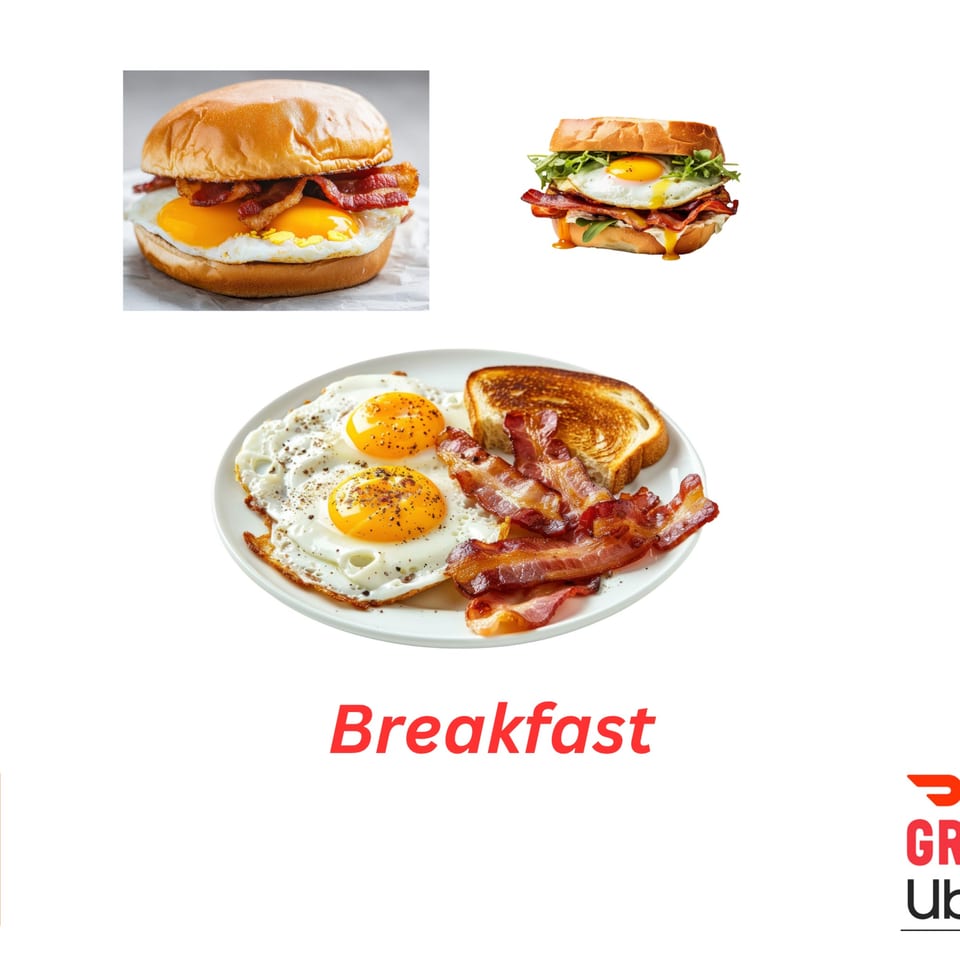 Three breakfast dishes: two egg and bacon sandwiches, and a plate with fried eggs, bacon, and toast.