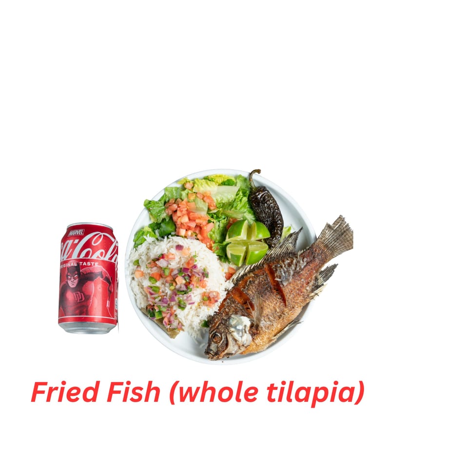 Halal fried whole tilapia with rice, salsa, salad, lime, and a Coca-Cola can.