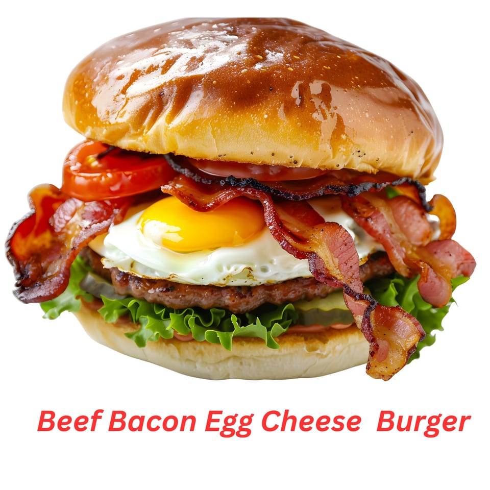 A halal beef bacon egg cheese burger with lettuce, tomatoes, and pickles on a brioche bun.
