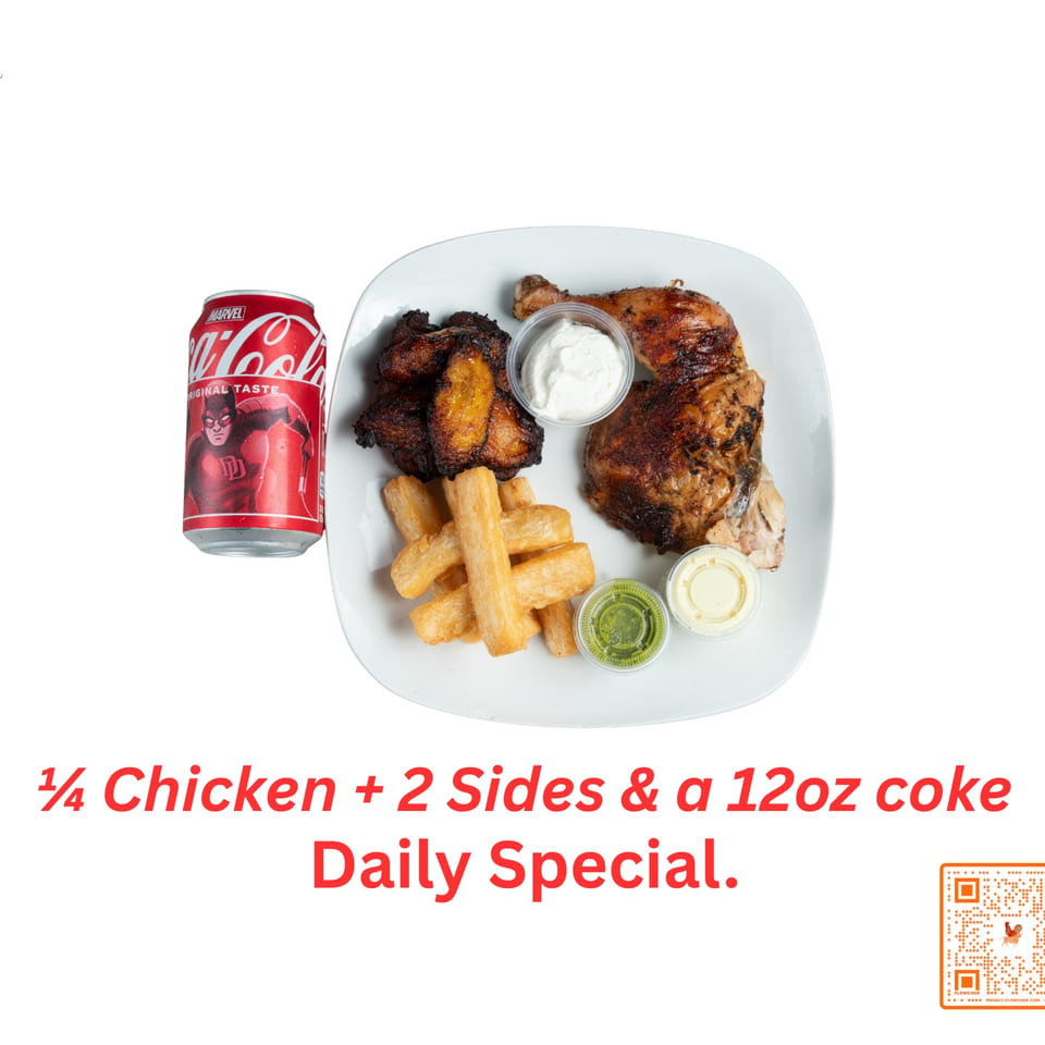 Halal chicken quarter, fried plantains, yucca fries, and sauces with a Daredevil Coca-Cola can.