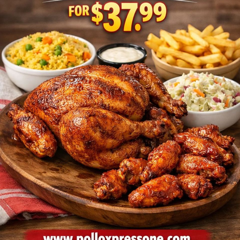 Whole roasted chicken, chicken wings, rice, fries, coleslaw, and dipping sauce on a wooden platter.