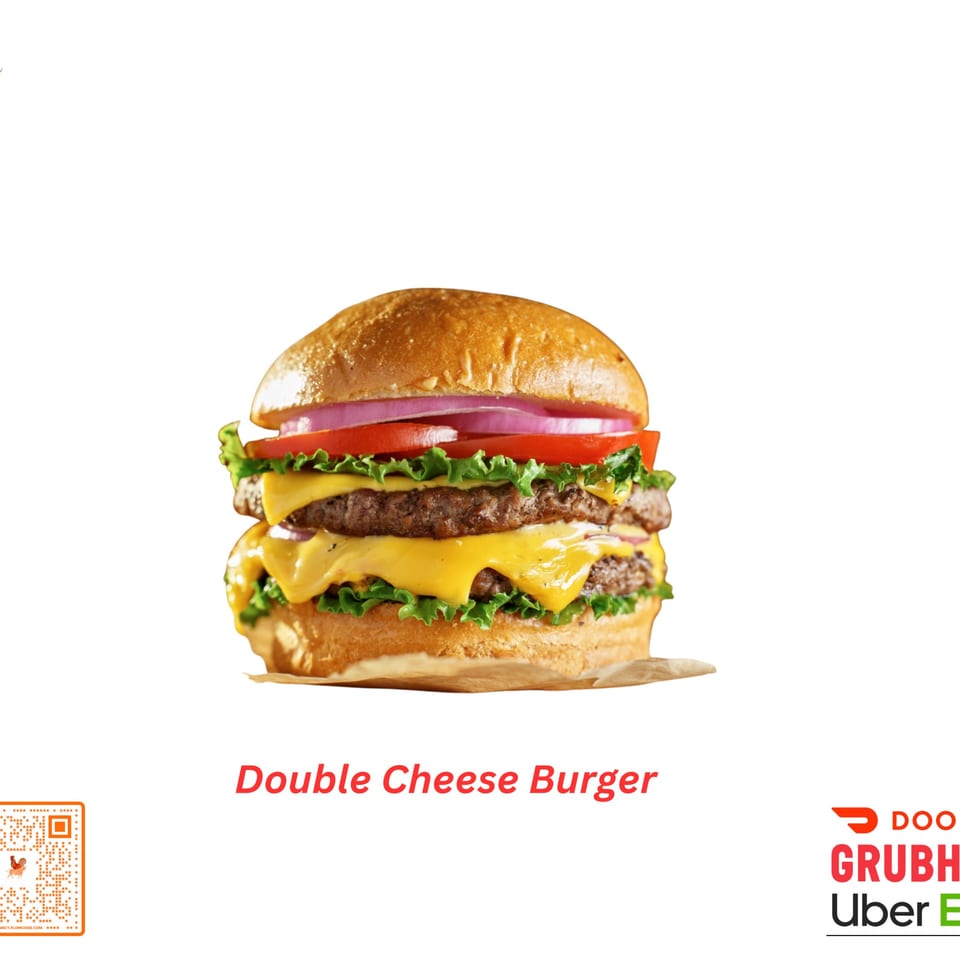A double cheeseburger with two beef patties, melted cheese, lettuce, tomato, and red onion.