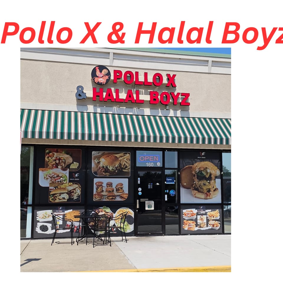 Exterior of Pollo X & Halal Boyz restaurant with a green awning and food images on windows.