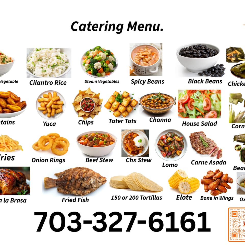 A catering menu from Pollo X & Halal Boyz, displaying various halal dishes like rice, beans, stews, and fried fish.
