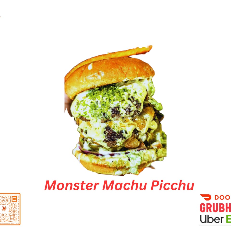 A large, stacked halal burger with multiple patties, melted cheese, green sauce, and a french fry on top.