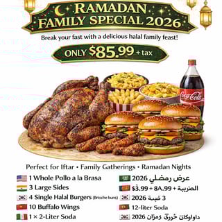 Ramadan Family Special   🍗🔥  🍗🔥   ( Whole Chicken+3 Sides,4 Single Burgers,10 Buffalo Burgers & 2 Liter Coke)