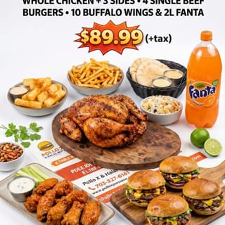Spring  Special   🍗🔥  🍗🔥   ( Whole Chicken+3 Sides,4 Single beef Burgers,10 Buffalo wings & 2 Liter fanta)
