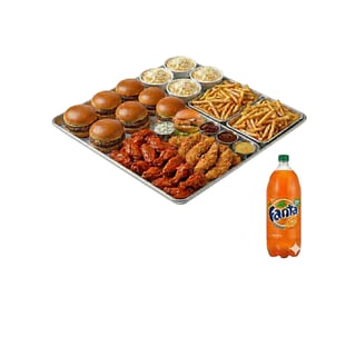  Burger Fusion Party Platter (feed 8 to 12)🍔 8 Single  Burgers 🍗 25 Buffalo Wings 🍗 10 Tenders 🍟 2 Large Fries 🥗 4 Coleslaw 🥤 1 × 2-Liter Fanta