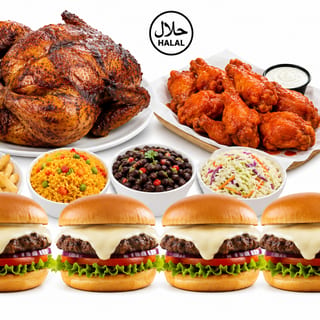 Family Meal #3 🍗🔥 🍗🔥 ( Whole Chicken+4 Sides, 4 Single beef Burgers,20 Buffalo wings & 2 Liter fanta)